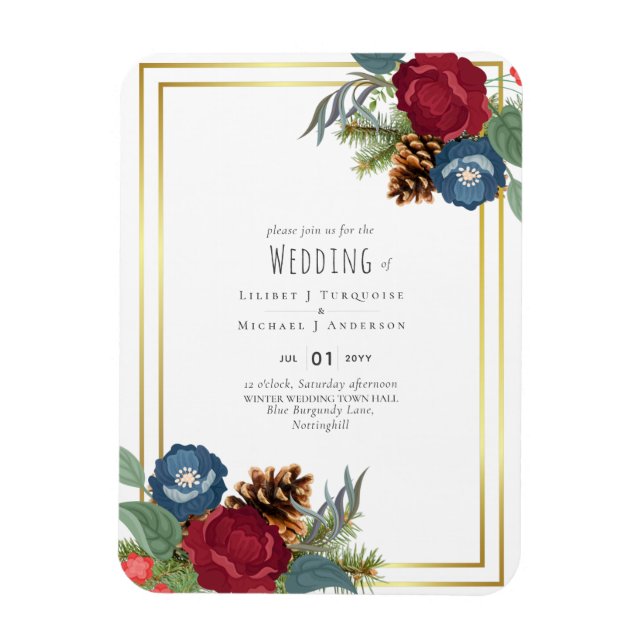 BUDGET  Winter Wedding Burgundy Teal Blue Modern Magnet (Vertical)