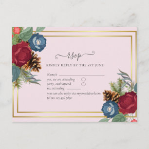 BUDGET  Winter Wedding Burgundy Teal Blue Modern Postcard