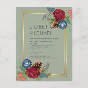 BUDGET  Winter Wedding Burgundy Teal Blue Modern Postcard