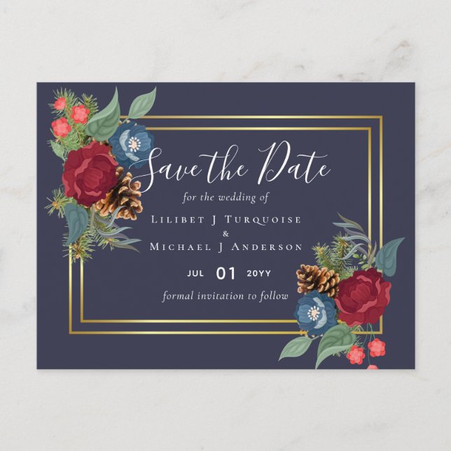 BUDGET  Winter Wedding Burgundy Teal Blue Modern Postcard (Front)