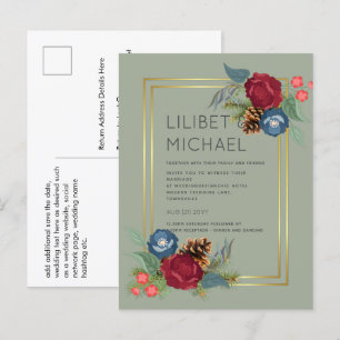 BUDGET Winter Wedding Burgundy Teal Blue Modern Postcard