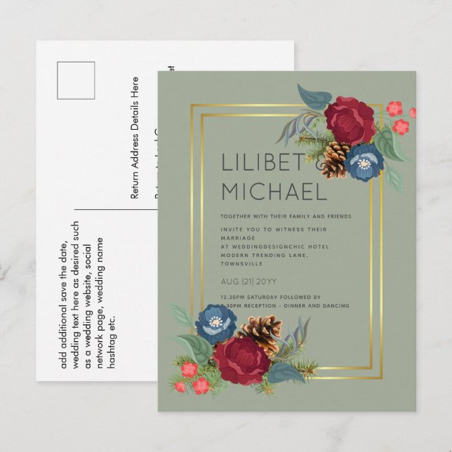 BUDGET  Winter Wedding Burgundy Teal Blue Modern Postcard (Front/Back)