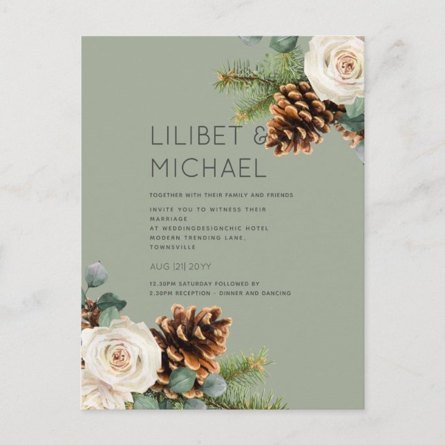 BUDGET Winter Wedding Eucalyptus Greenery Roses Postcard (Front)