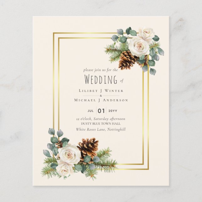 BUDGET  Winter Wedding White Roses Gold Dusty Blue Flyer (Front)