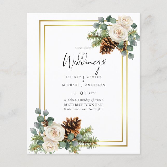 BUDGET  Winter Wedding White Roses Gold Dusty Blue Flyer (Front)