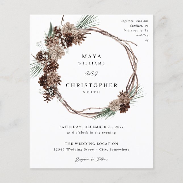 Budget Winter White Floral & Pine Wedding Wreath Flyer (Front)