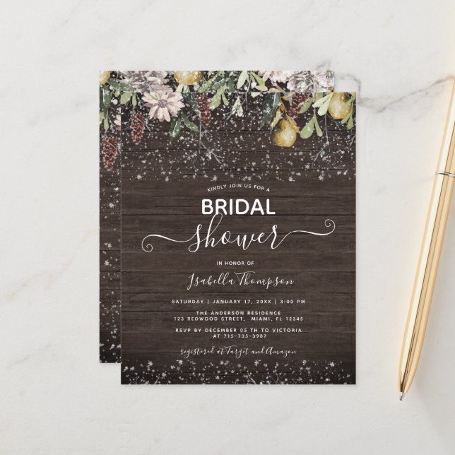 Budget Winter Wooden Bridal Shower Invitation (Front/Back In Situ)