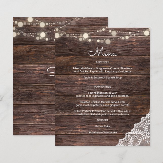 Budget Wood, Lace, String Lights Menu (Front/Back)