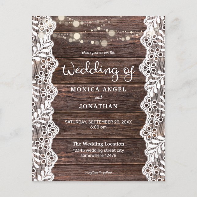 Budget Wood Lace String Lights Wedding Flyer (Front)