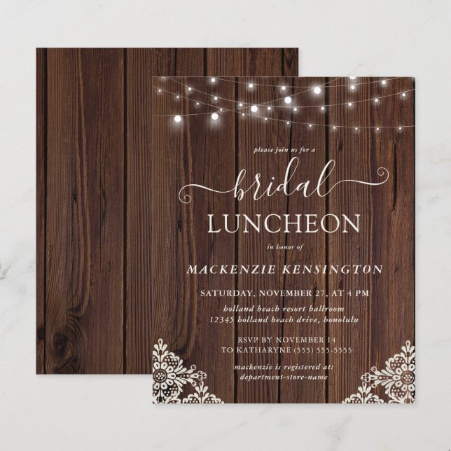 Budget Wood Lights Lace Bridal Shower Invitation (Front/Back)