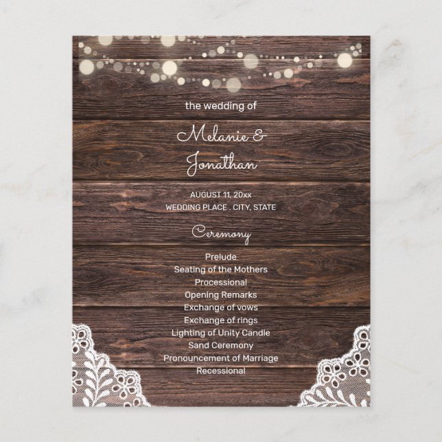 Budget Wood, String Lights, Lace Wedding Ceremony Flyer (Front)