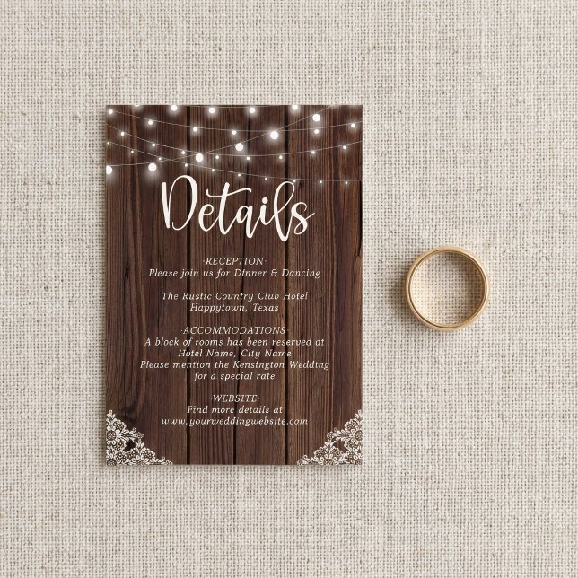 BUDGET Wood String Lights Lace Wedding Details Card (Creator Uploaded)