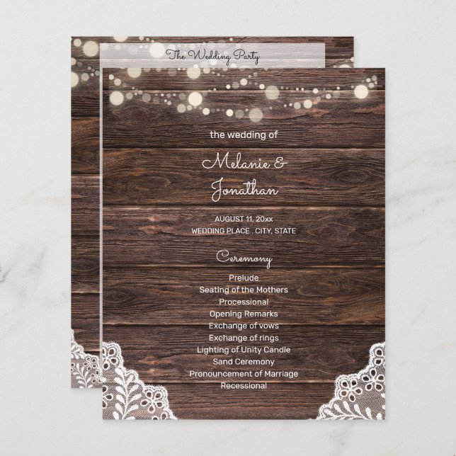 Budget Wood, String Lights, Lace Wedding Program (Front/Back)