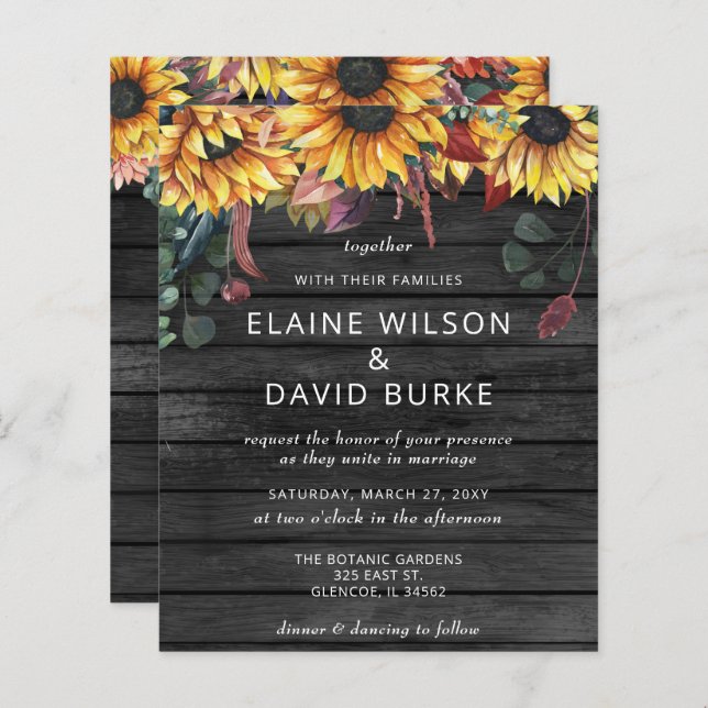 Budget Wood Sunflowers Wedding Invitation (Front/Back)