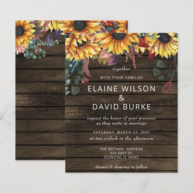 Budget Wood Sunflowers Wedding Invitation (Front/Back)