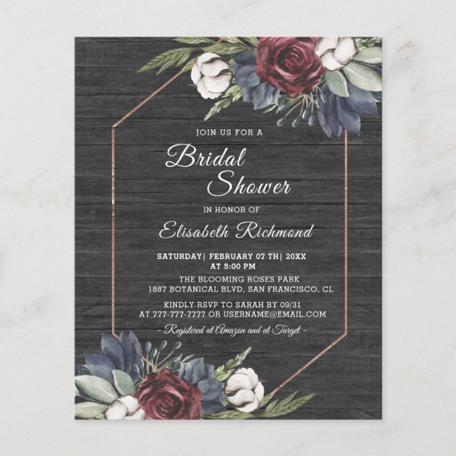Budget Wooden Blue Floral Bridal Shower Flyer (Front)