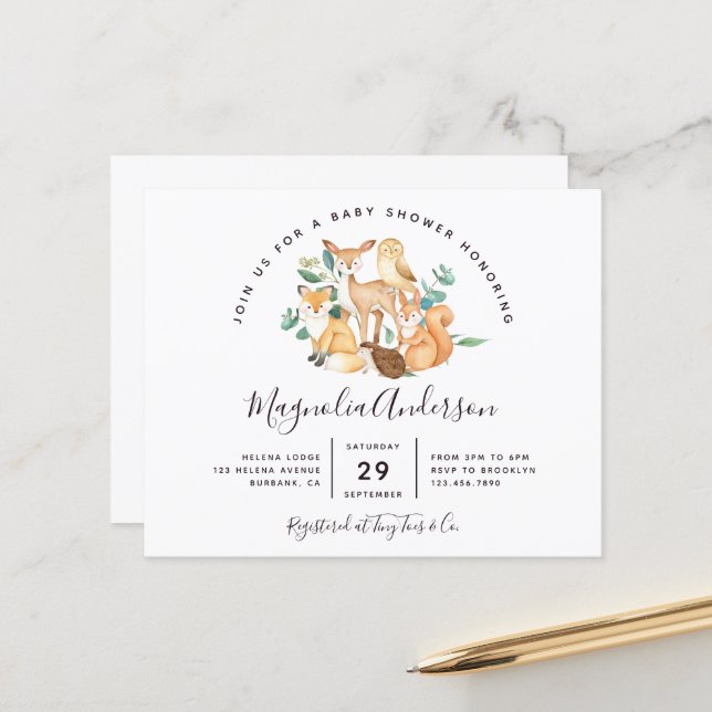 Budget Woodland Animals Baby Shower Invitation (Front/Back In Situ)