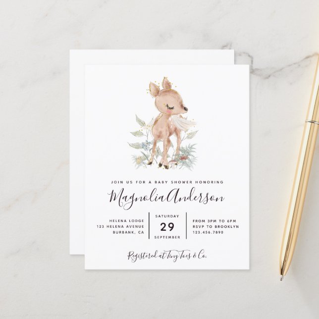 Budget Woodland Deer Baby Shower Invitation (Front/Back In Situ)