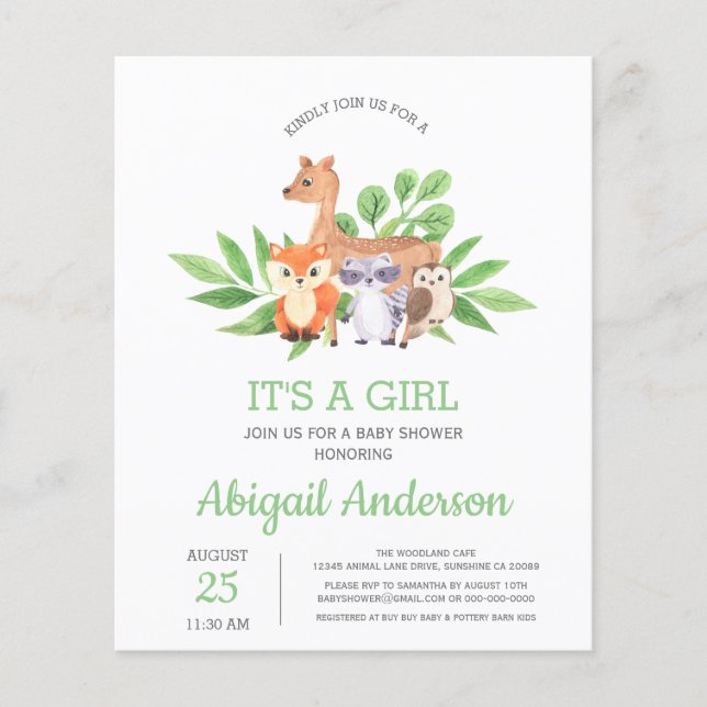 BUDGET Woodland It's A Girl Baby Shower Invitation (Front)
