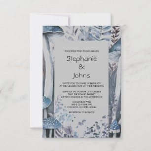 Budget Woodland Mushrooms Grey Blue Rustic Wedding Invitation