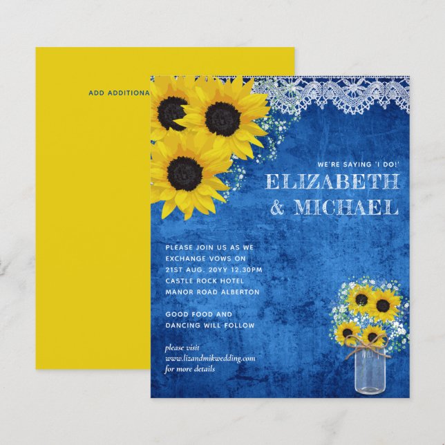BUDGET Yellow Blue Sunflowers Wedding Invite (Front/Back)