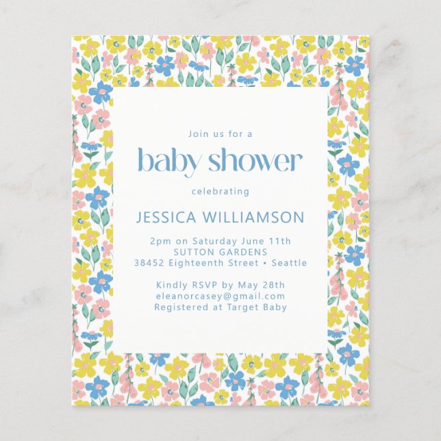 Budget Yellow Ditsy Floral Baby Shower Invite (Front)