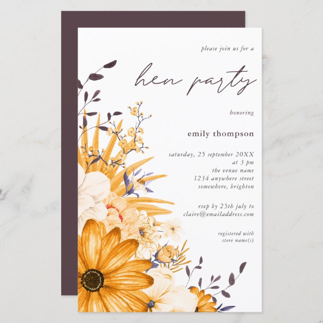 Budget Yellow Grey Floral Hen Party Invitation (Front/Back)