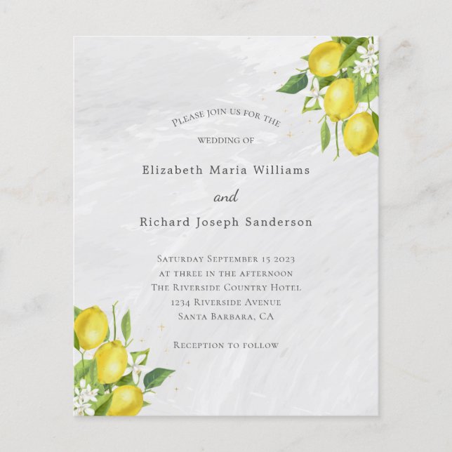 Budget Yellow Lemons Watercolor Wedding Invitation (Front)