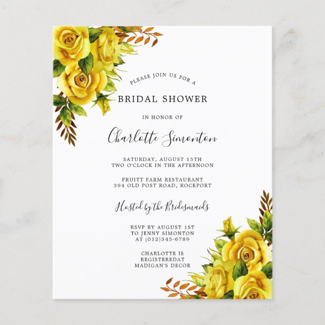 Budget Yellow Rose Floral Bridal Shower Invitation (Front)