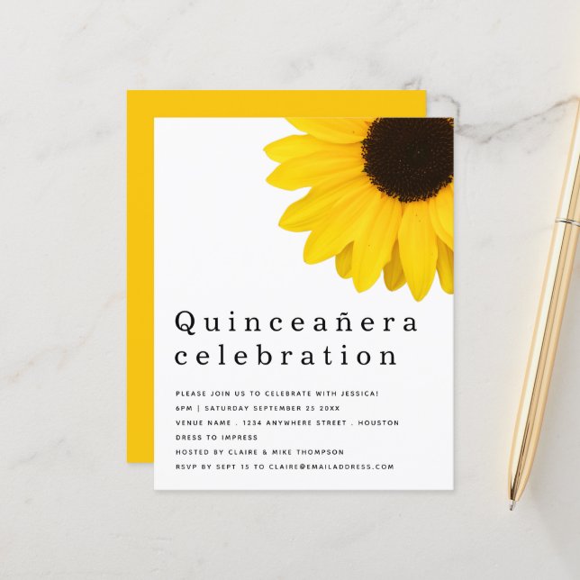 Budget Yellow Sunflower Quinceañera Invite (Front/Back In Situ)
