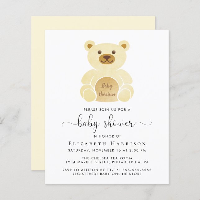 Budget Yellow Teddy Bear Baby Shower Invitation (Front/Back)