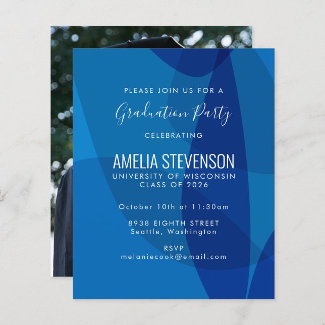 BudgetAbstract Blue Photo Graduation Party Invite (Front/Back)