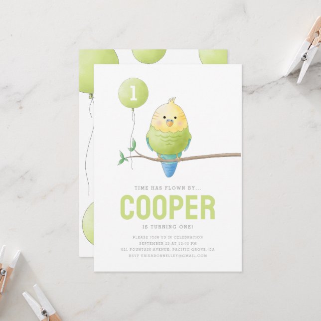Budgie Birthday Kid's Birthday Invitation (Front/Back In Situ)