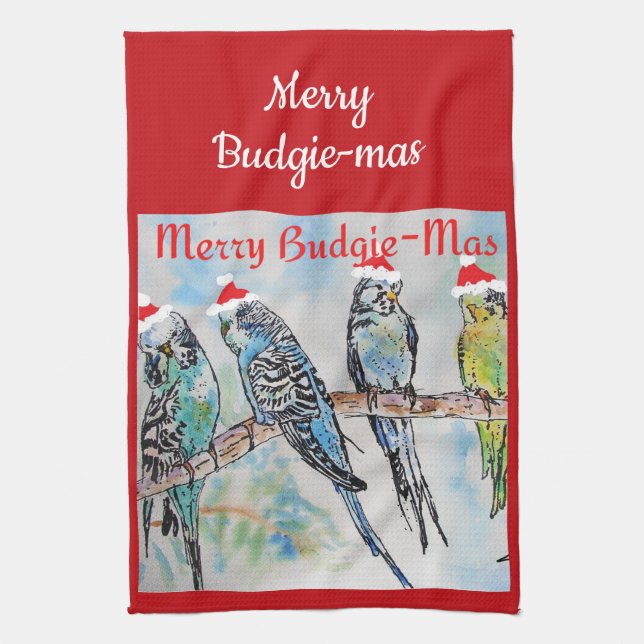 Budgie Budgerigar Christmas Merry Budgie-mas Kitchen Towel (Vertical)