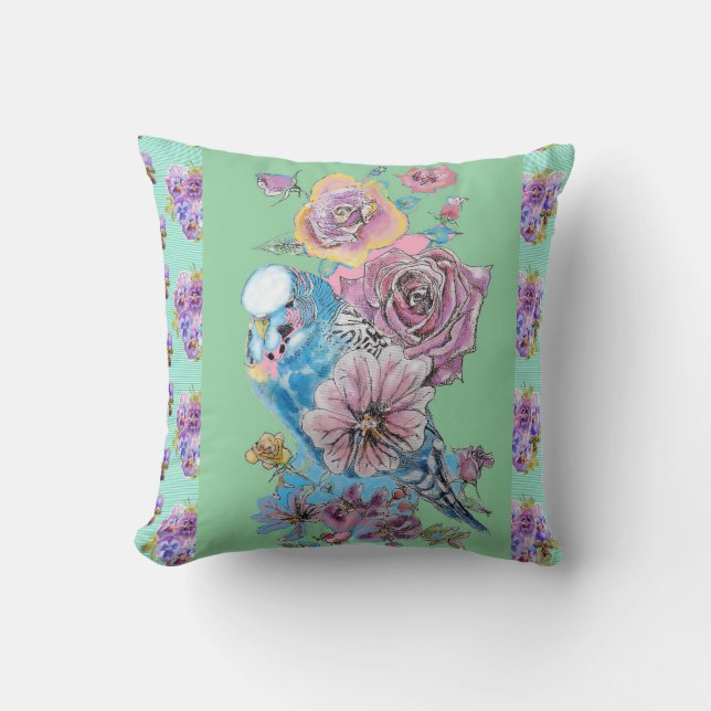 Budgie Budgerigar Rose Watercolor floral Cushion (Front)