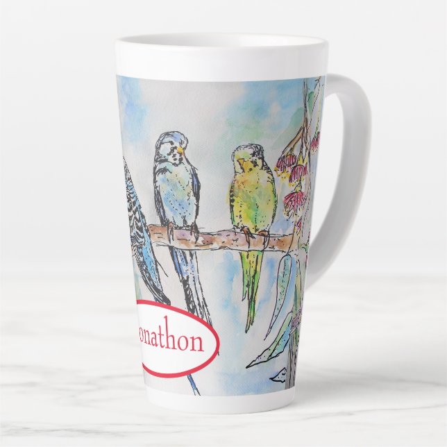 Budgie Budgies Bird Watercolor Painting Bird Latte Mug (Right Angle)