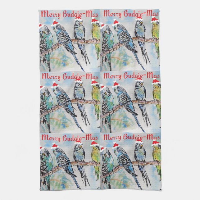 Budgie Budgies Merry Budgiemas Christmas dinner Kitchen Towel (Vertical)