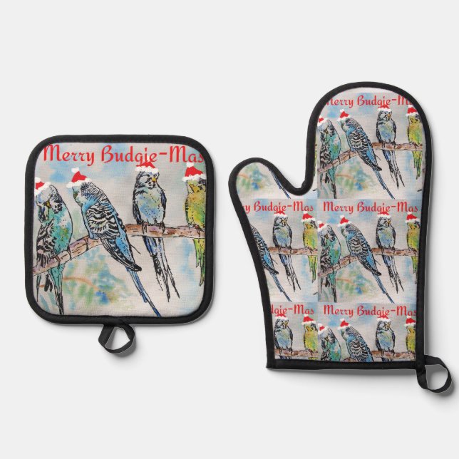 Budgie Budgies Merry Budgiemas Christmas Stocking Oven Mitt & Pot Holder Set (Front)