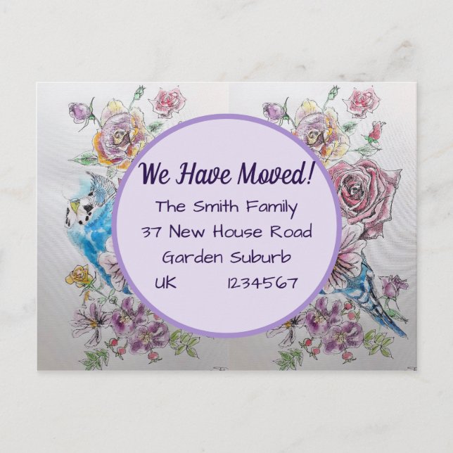 Budgie Flowers New Address Postcard, We Are Moving Postcard (Front)