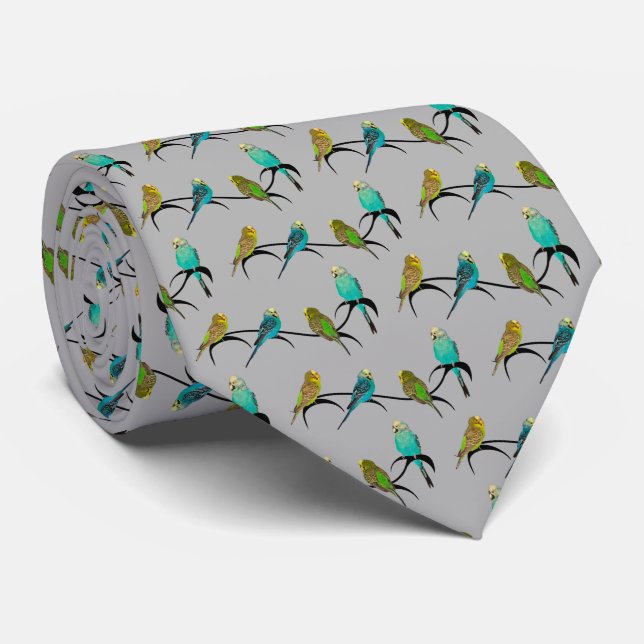 Budgie Frenzy Tie (Grey) (Rolled)