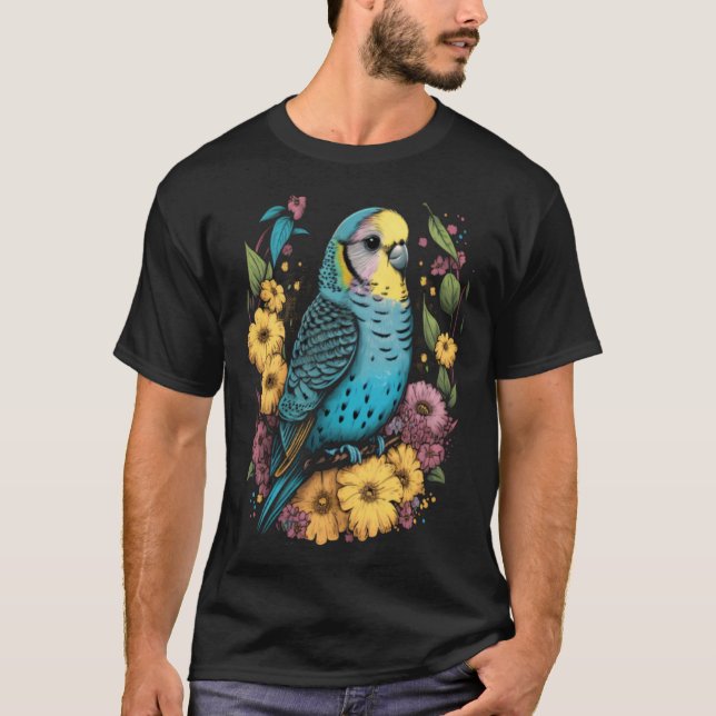 Budgie Mom Flower Budgerigar Parakeet Bird Mother  T-Shirt (Front)