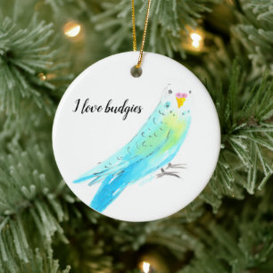  Budgie Parakeet Blue Watercolor Ceramic Ornament