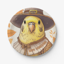 Budgie Pilgrim Thanksgiving Round Paper Plate