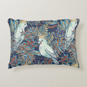 Budgie Rainforest Flowers Foliage Blue Background Accent Pillow