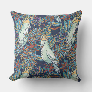 Budgie Rainforest Flowers Foliage Blue Background Throw Pillow