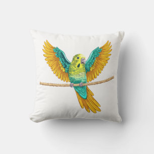 Budgie sitting on a rope with open wings throw pillow
