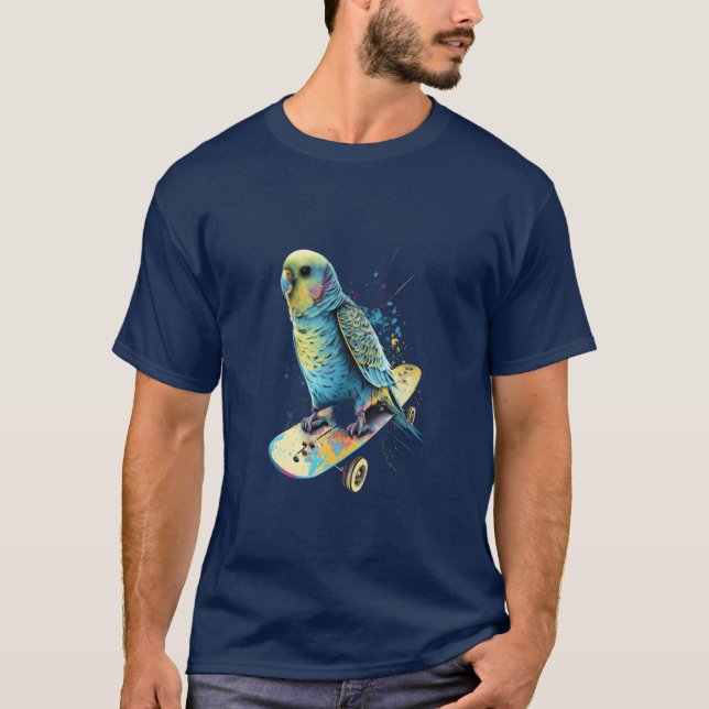 Budgie Skateboard Budgerigar Parakeet Bird funny T-Shirt (Front)