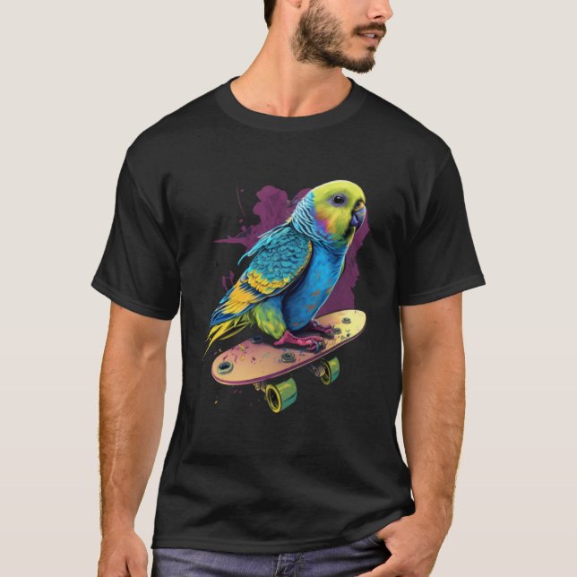 Budgie Skateboard Budgerigar Parakeet Bird T-Shirt (Front)
