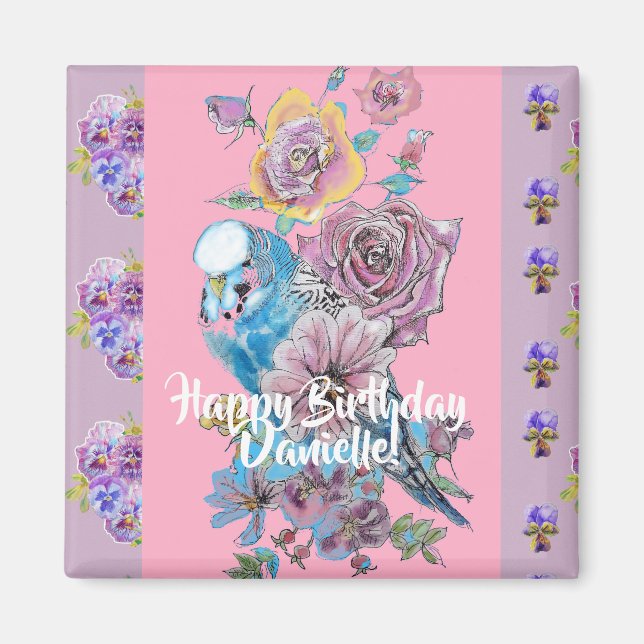Budgie Watercolor floral Dames Anniversaire Magnet (Devant)