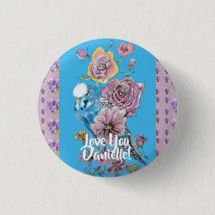 Budgie Watercolor floral Girls Ladies Cute Badge 1 Inch Round Button